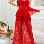 Romantic Red Mesh Nightwear Set for Women – Elegant 2 Piece Sheer Loungewear - Image 2