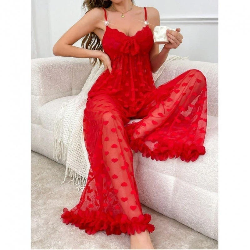 1772529042236_54--1- Romantic Red Mesh Nightwear Set for Women – Elegant 2 Piece Sheer Loungewear - Image 1